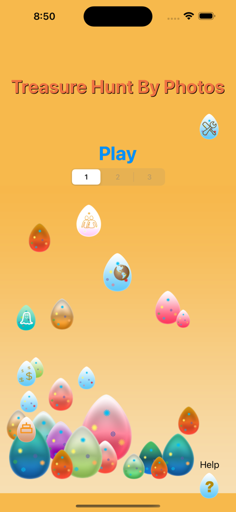 Treasure Hunt By Photos - The main menu of the Treasure Hunt By Photos app displaying colorful themed egg icons and a play button.