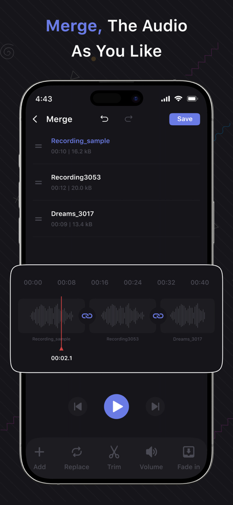 Audio Editor & Music Editor - Smartphone screen showing the audio merge feature with multiple recording tracks and waveform visualization