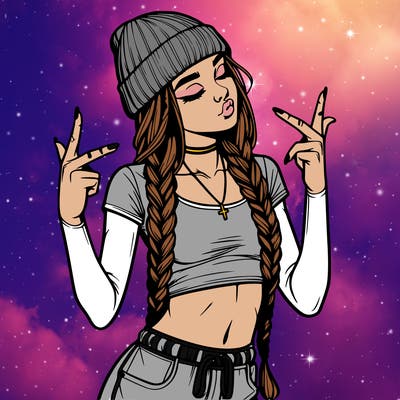 realistic teenage girl with braids and a beanie and crop top doing 🫶🏼