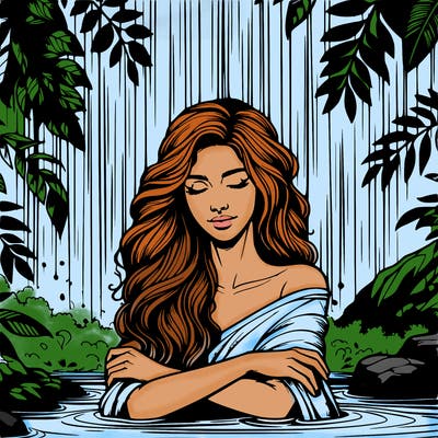 realistic female model under waterfall