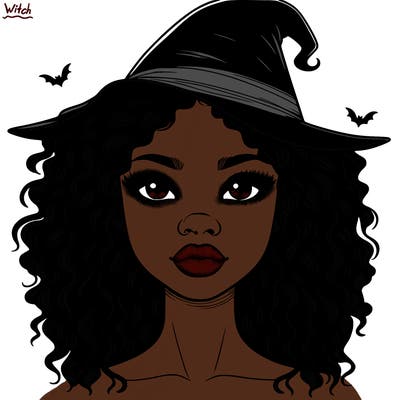 realistic black girl with wavy hair and witch hat and nose and lips