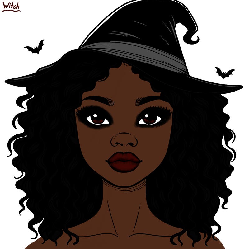 realistic black girl with wavy hair and witch hat and nose and lips