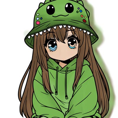 girl with anime shaped eyes with a dinosaur bucket hat oversized sweatshirt long straight hair