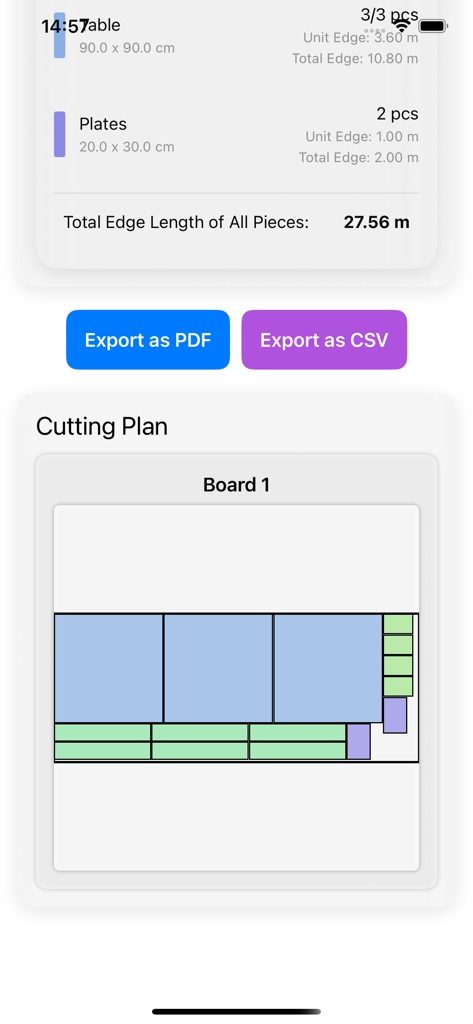 Zi Cutting Planner - Zi Cutting Planner screen displaying a visual layout of pieces on a board with buttons to export as PDF or CSV.