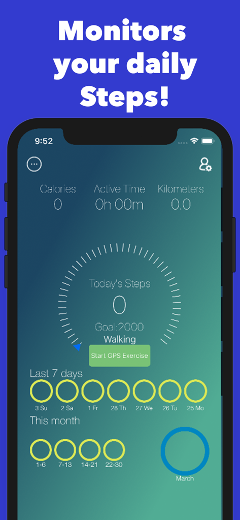 Panel principal de la aplicación Podómetro rastreando pasos diarios, calorías y objetivos de actividad mensuales