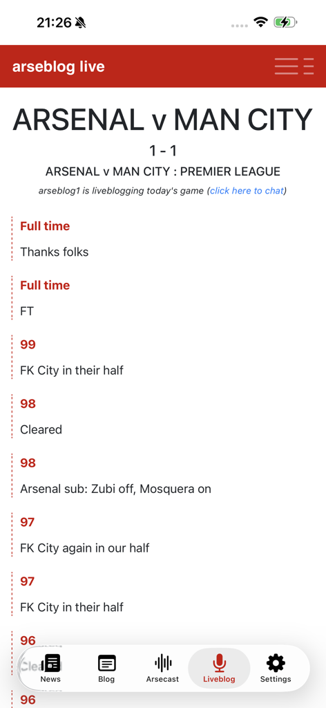Arseblog app live blog screen showing match updates for Arsenal versus Manchester City