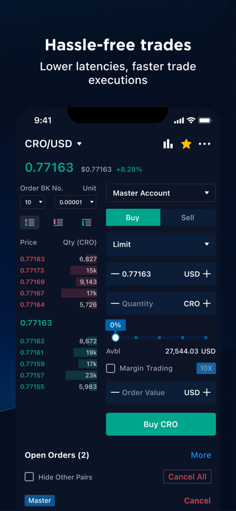 Crypto.com Exchange - Interfaccia dell'app mobile Crypto.com Exchange che mostra una schermata di trading CRO-USD con book ordini e opzioni di acquisto a limite.