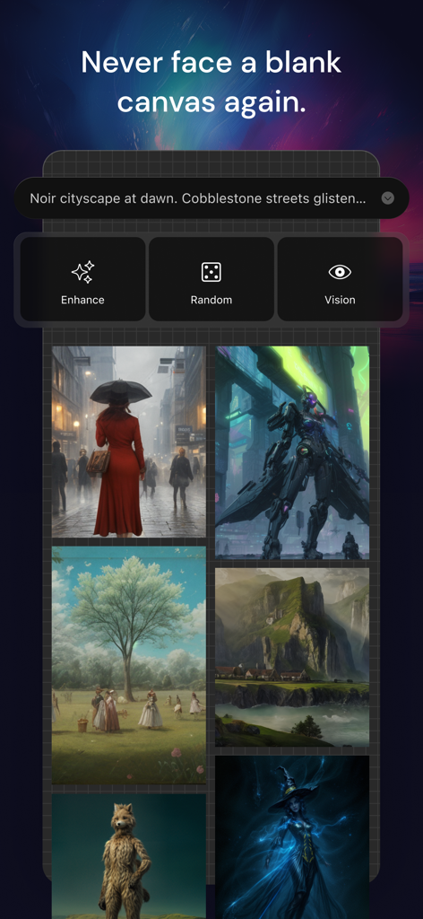 Muse Pro - Muse Pro app interface showing AI art generation from text prompts and creative tools like Enhance and Vision