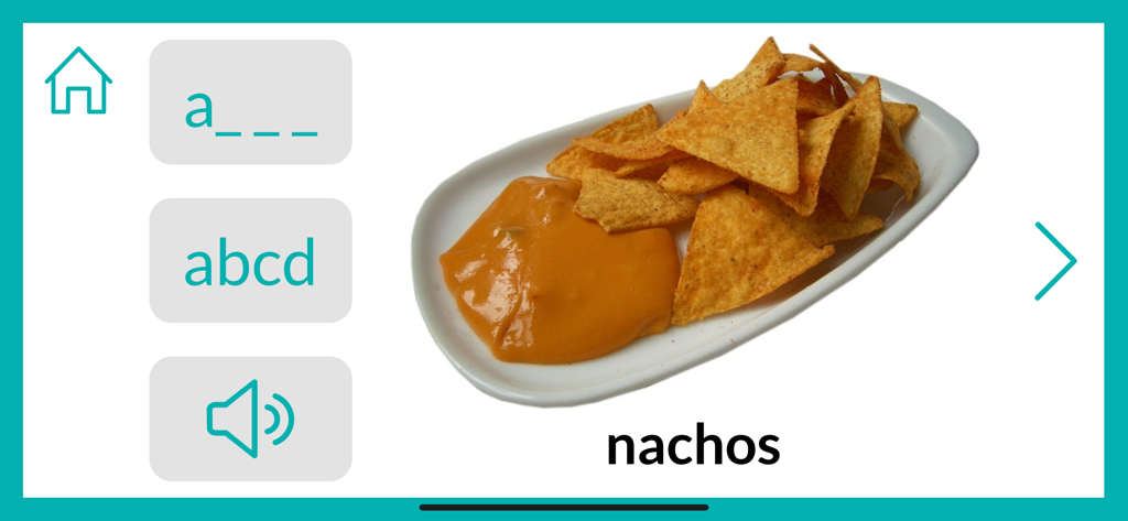 Cue Name - Objects - 失語症療法アプリのスクリーンショット、ナチョスの写真と命名スキル用の単語・音声キューを表示