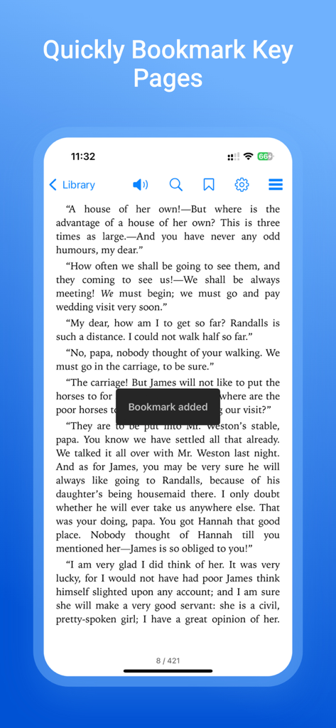 Novels Stories & Books Reader - Smartphone screen showing a classic novel with a bookmark added notification.