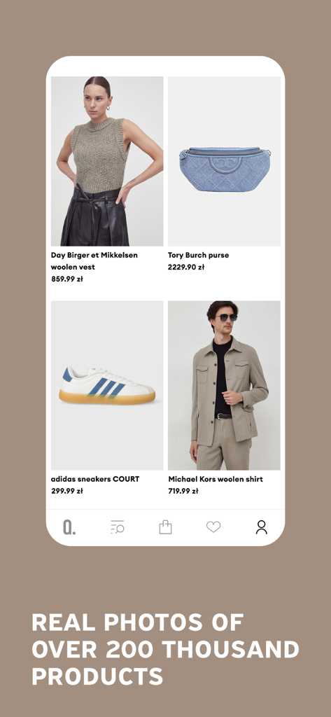 Feed de productos de la app Answear mostrando artículos de moda premium curados, incluyendo un chaleco, bolso, zapatillas y camisa.