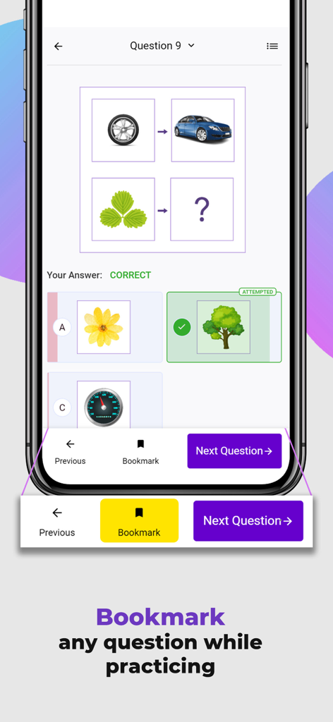 Une question d'entraînement sur l'application de préparation aux tests Gifted avec le bouton de favori mis en surbrillance pour enregistrer les questions.
