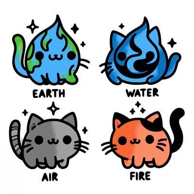 4 cats that represent the different elements, earth, water, air, and fire