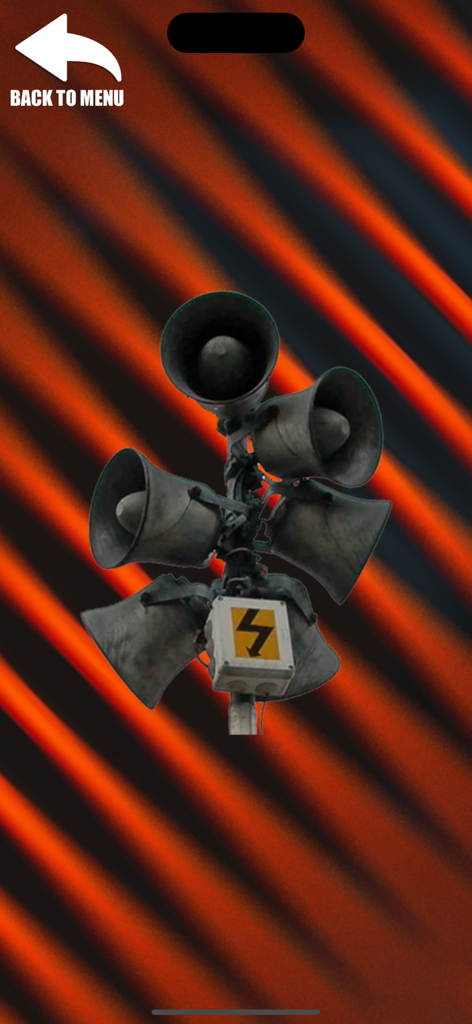 メニューに戻るボタンが付いたポール上の機械式空襲サイレンホーンのクラスター。