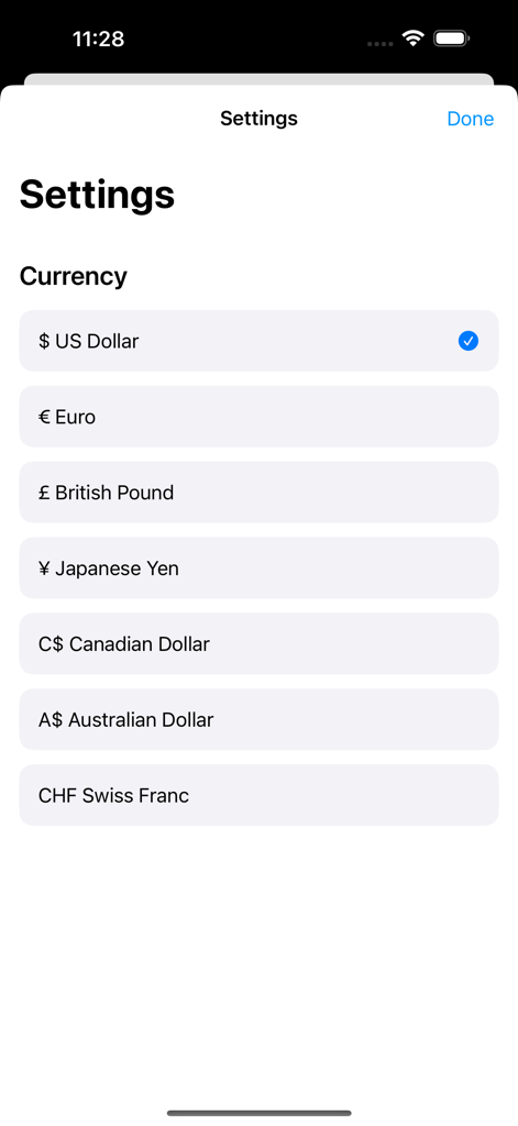 Car Monthly Costs - The currency selection screen in the Car Monthly Costs app showing options for US Dollar, Euro, and British Pound.