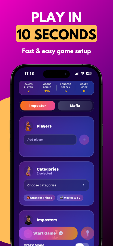 Interface de configuração de jogo rápida e fácil para o jogo de palavras de festa Imposter Game