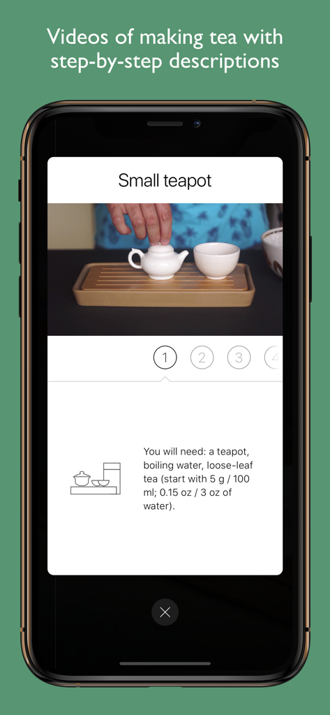 The Tea App interface showing a step by step video guide for brewing tea with a small teapot.