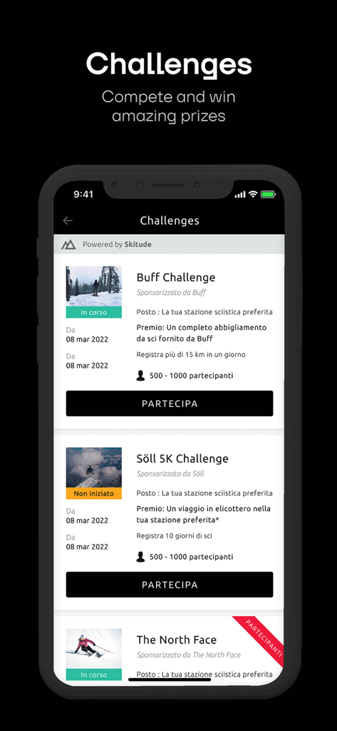 Screenshot dell'app Cervino Ski che mostra sfide sciistiche e premi di competizione