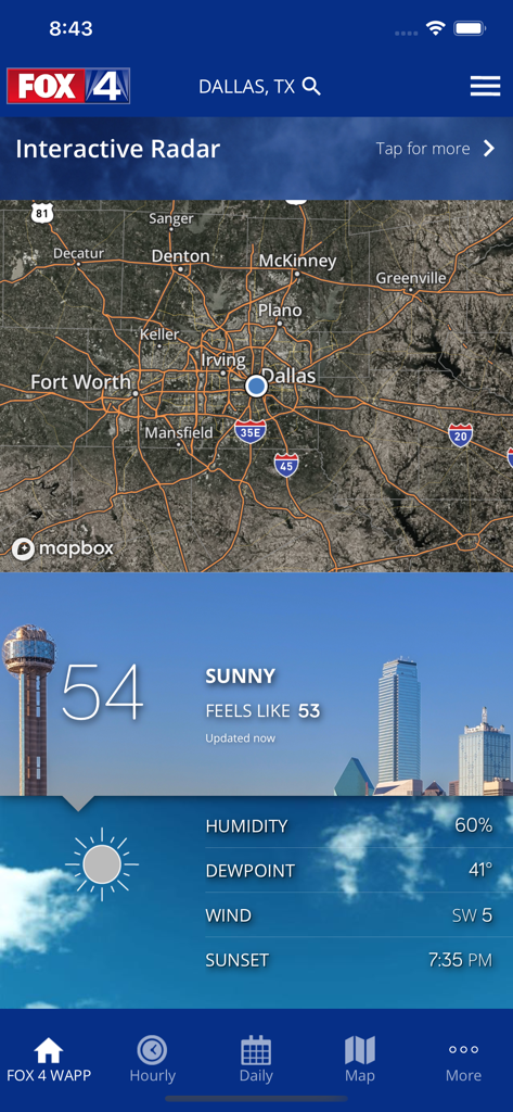 FOX 4 Dallas weather app showing interactive radar and current temperature in Dallas