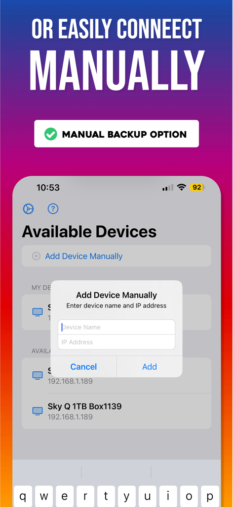 Remote Control for Sky Q - Interfaz que muestra la conexión manual para la aplicación de control remoto Sky Q usando la dirección IP