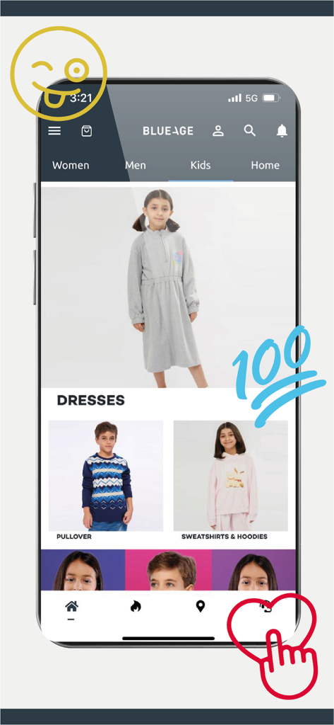 Blueage - Fashion Online - Blueage fashion app interface displaying kids clothing categories like dresses and pullovers