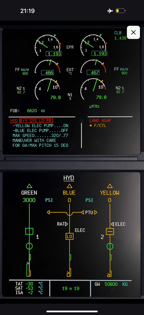 A320 ECAM display showing hydraulic system failure and status