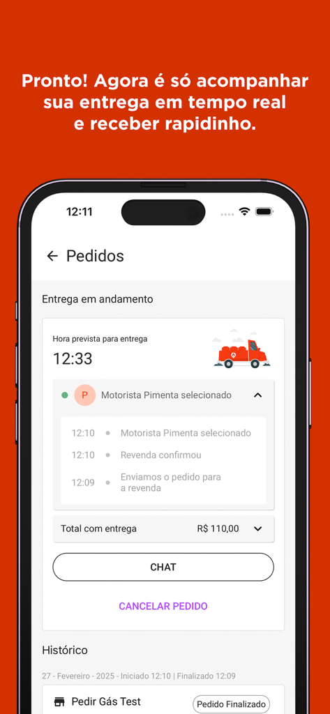 Pedir Gás | Supergasbras - Supergasbras app interface showing real time gas delivery tracking and estimated arrival time