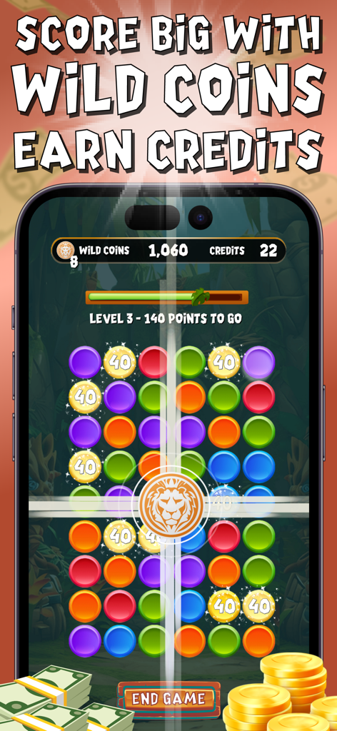 Coinnect Pro match three puzzle gameplay showing earned coins and credits