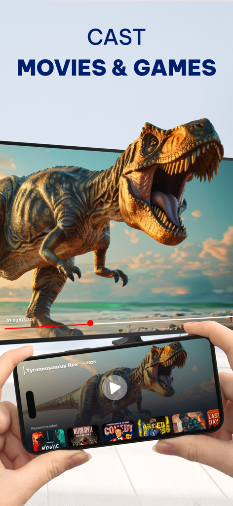 Smart Cast: Mirror To PC & TV - Smart Cast app mirroring a dinosaur movie from a smartphone to a large television screen