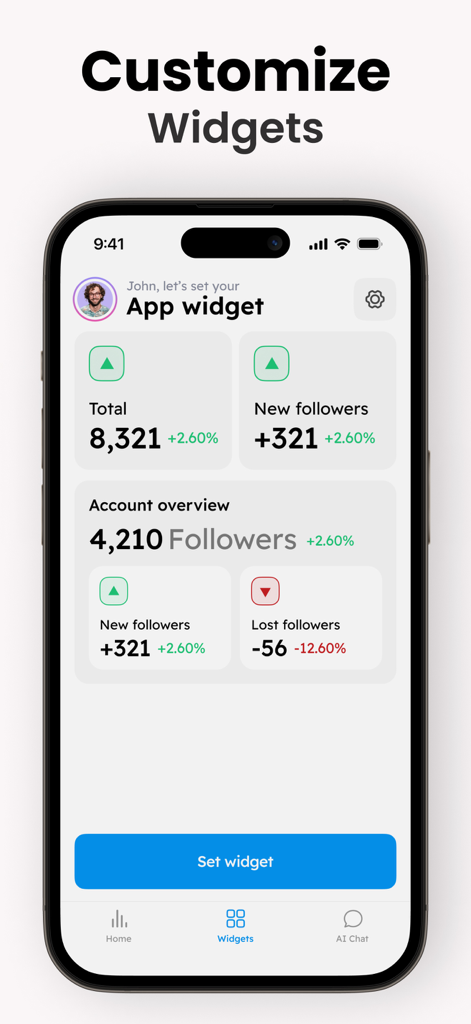 Una interfaz móvil para personalizar widgets de seguimiento de redes sociales que muestran el recuento de seguidores y análisis de crecimiento