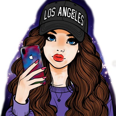 realistic beautiful girl wearing los ángeles cap holding an iphone