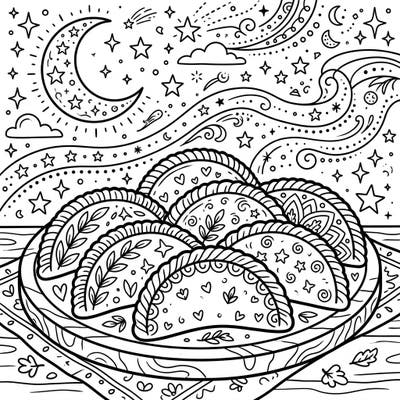 Dive into a delicious dreamscape with our Empanadas Night Time coloring page, blending culinary delight with celestial charm. This intricate design invites you to add vibrant hues to savory pastries beneath a twinkling, moonlit sky.