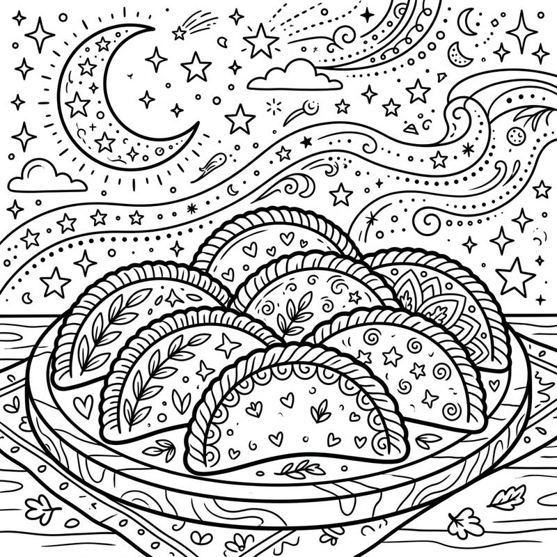 Dive into a delicious dreamscape with our Empanadas Night Time coloring page, blending culinary delight with celestial charm. This intricate design invites you to add vibrant hues to savory pastries beneath a twinkling, moonlit sky.