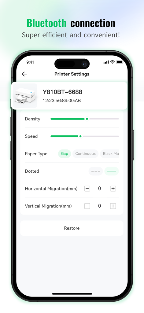 FlashLabel Pro mobile app interface showing Bluetooth printer connection and settings for thermal label printing.