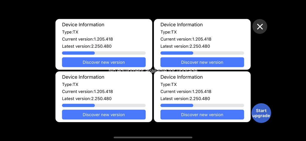 TuTuPlay - TuTuPlay app screen showing firmware version and upgrade options for four transmitter devices