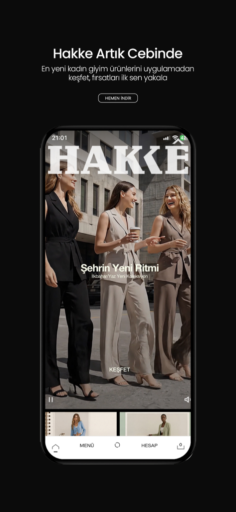 Hakke - Pantalla de smartphone mostrando la app de compras Hakke con una colección moderna de ropa femenina