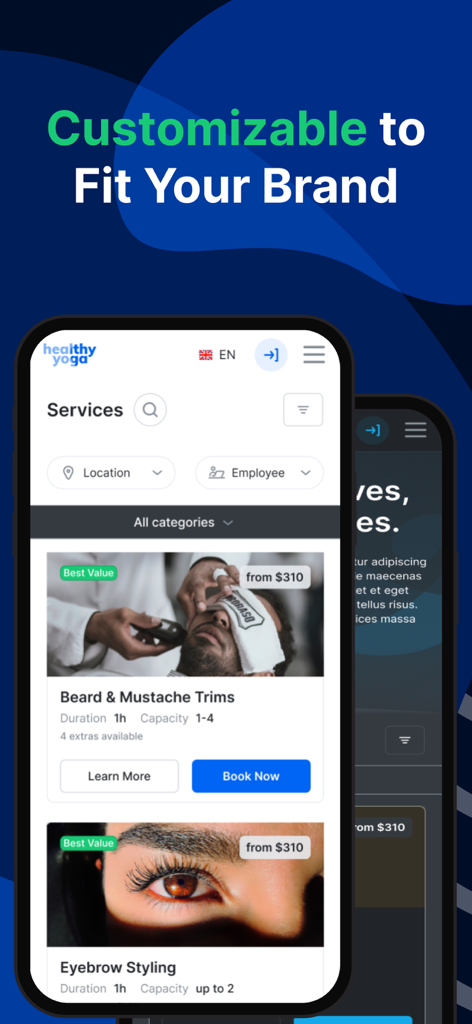 Trafft mobile app interface showing customizable service booking page for beauty and wellness businesses
