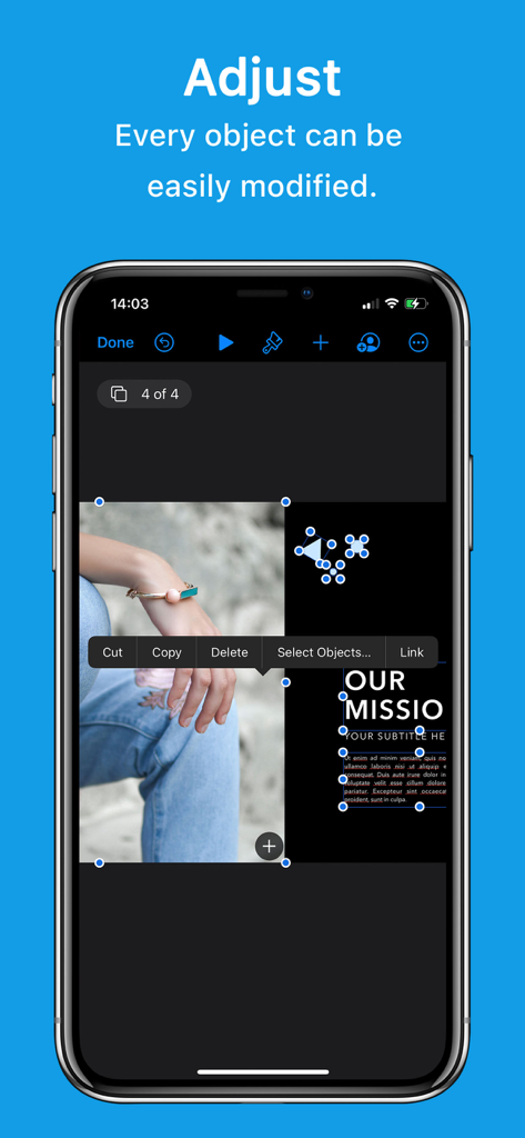 iPhone screen displaying the adjustment of slide objects within a Keynote template theme
