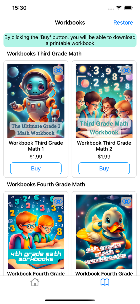 The workbooks screen in the Third Grade Math Quiz app featuring printable math exercises.
