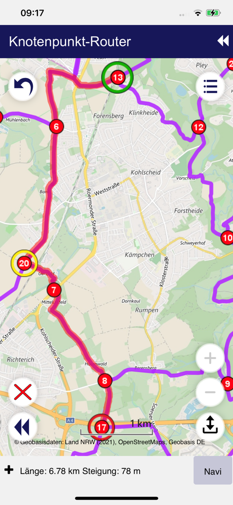 Radroutenplaner NRW mobil - Vue cartographique de l'application Radroutenplaner NRW mobil montrant un itinéraire cyclable avec des points de nœud et l'élévation