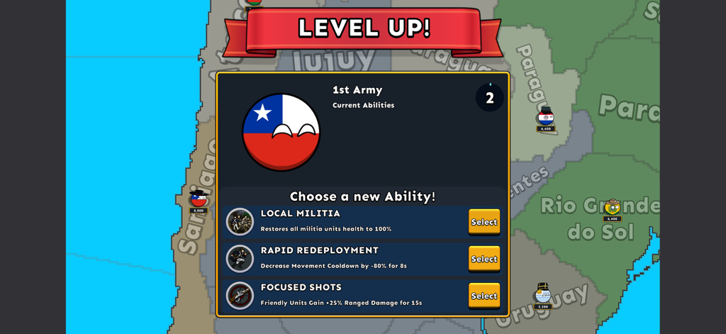 Countryballs Conquest - A level up screen in Countryballs Conquest showing ability choices for the Chile 1st Army