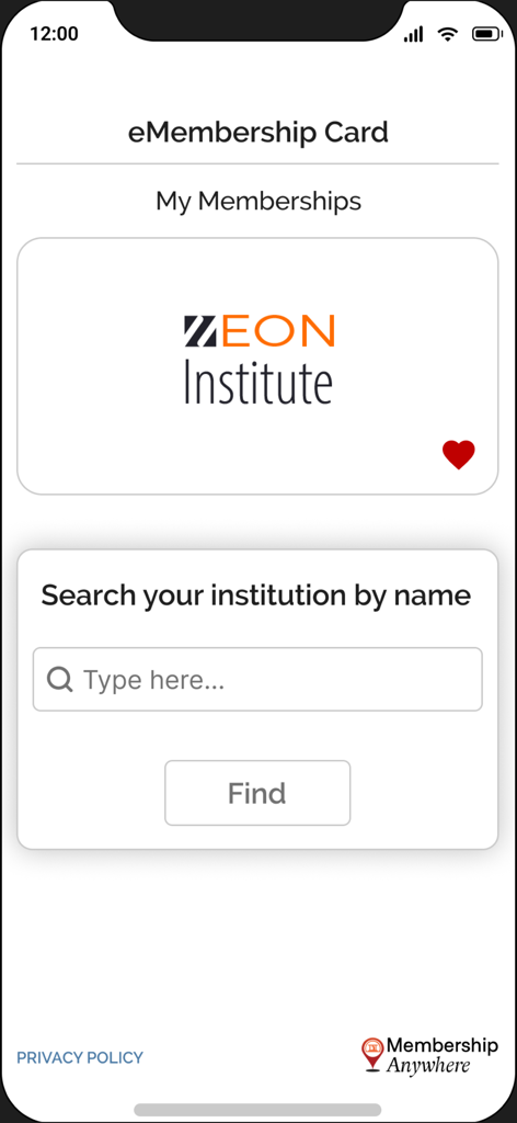 eMembership Card app interface showing the My Memberships section and a search field to find institutions by name