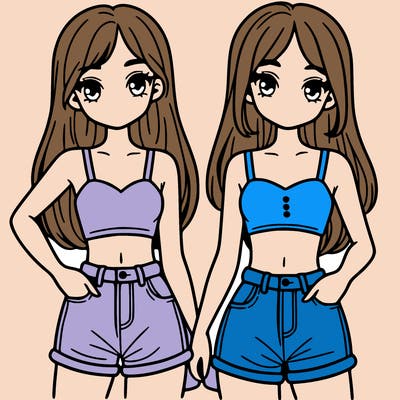 two sisters with crop tops and jean shorts and straight hair
