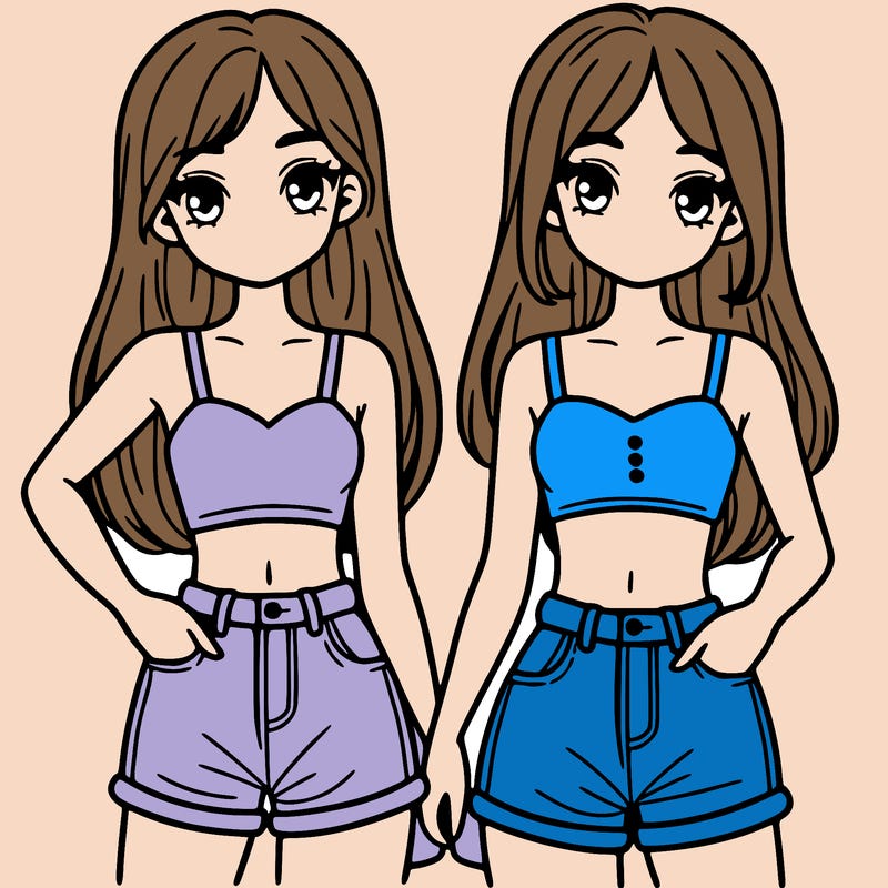 two sisters with crop tops and jean shorts and straight hair