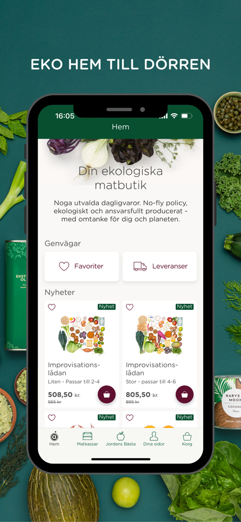 Årstiderna - Ekologisk mat - The home screen of the Årstiderna mobile app displaying organic meal kits and grocery delivery options.