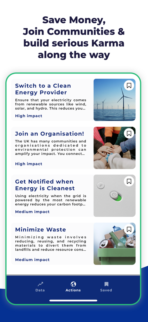 UK Zero: Climate & Energy App - Interface of the UK Zero app showing recommended climate actions and their impact levels