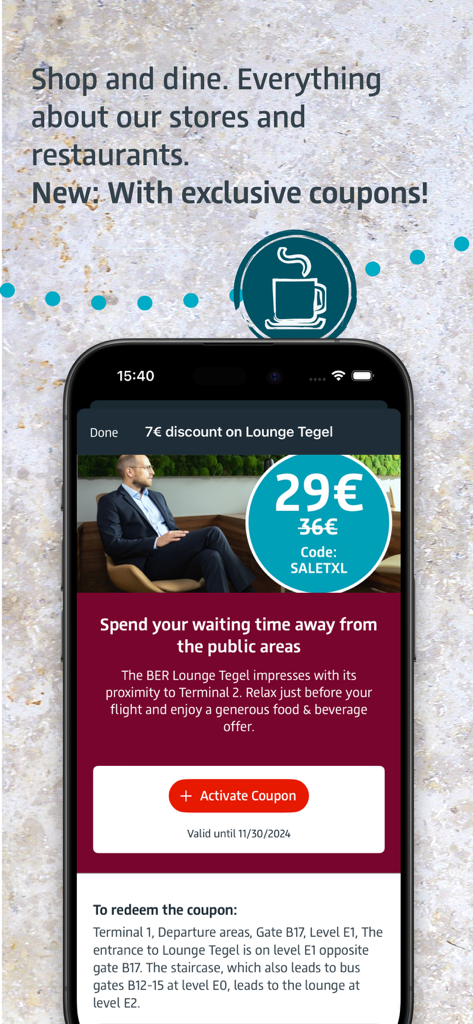 Mobile Ansicht eines exklusiven Gutscheins für einen Rabatt in der BER Lounge Tegel innerhalb der BER Airport App