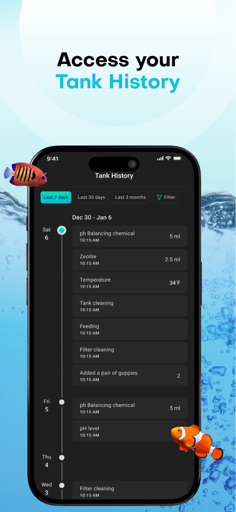 Aquabuildr - Aquabuildr app tank history screen showing maintenance logs and water parameter tracking.