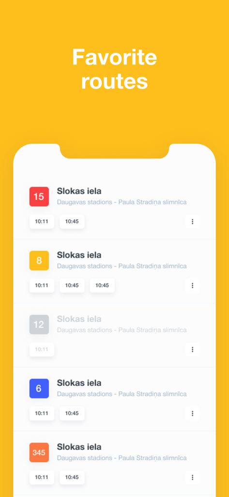 Transport LV - Smartphone screen showing favorite bus and tram routes in the Transport LV app for Riga