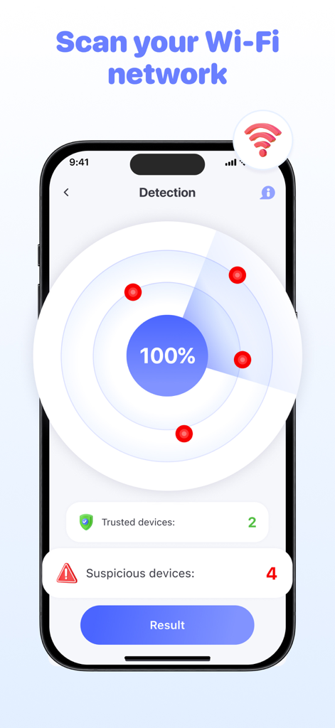 Camera Detector Tracker Finder - Smartphone screen displaying a Wi-Fi network detection radar identifying trusted and suspicious devices